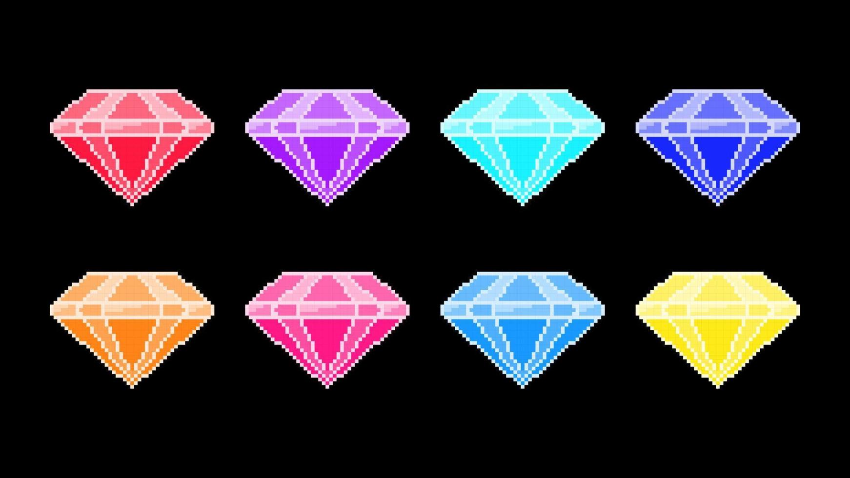 Crystal diamonds pixel icons. Red jewels with blue facets and purple glitter luxurious yellow treasure for games expensive vector decorations