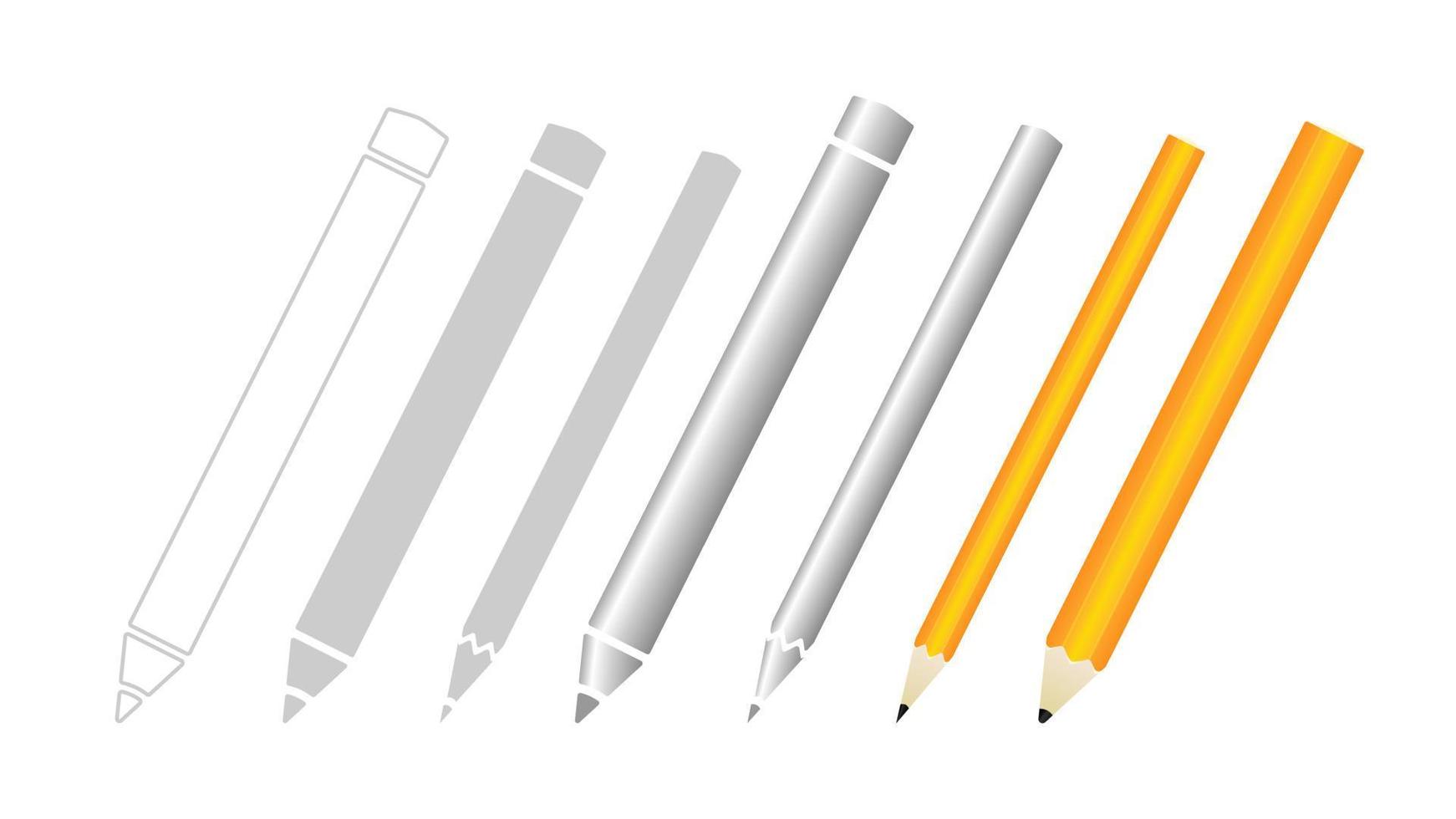 Pencils and their silhouettes set. Contour pen for writing and drawing divided into sections instrument for study and creative sketches on white vector background