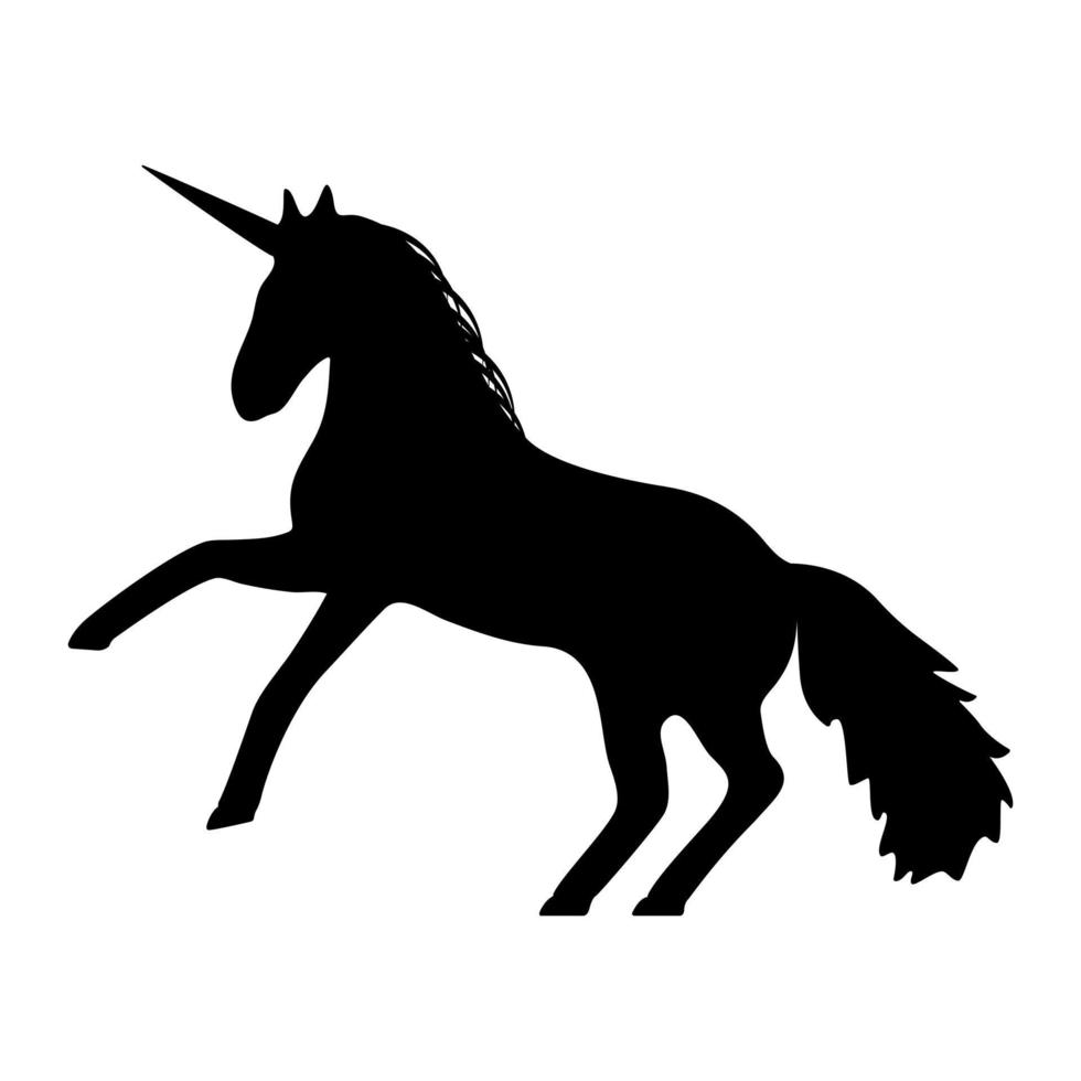 Attacking unicorn silhouette. Black mythical wild horse with magic horn standing on hind legs and ready for sharp vector blow.