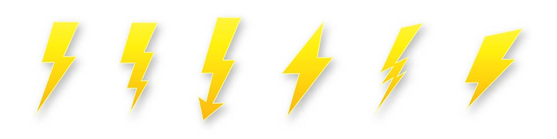 Electric lightning discharges icons. Bolt flashes with yellow geometric curves high voltage hazard and powerful vector charge thunderstorm