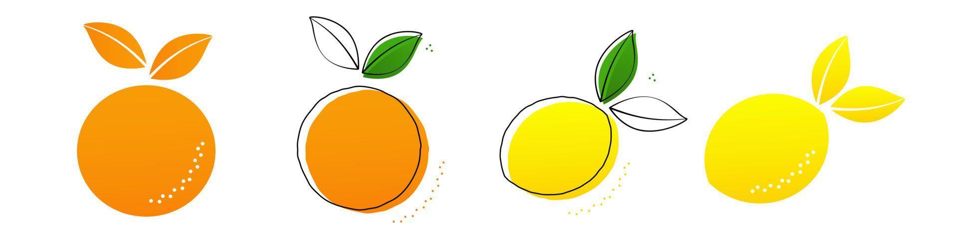 Abstract orange and lemon. Round citrus with green contour leaves and black dots. Whole organic grapefruit juicy vector flat fruit