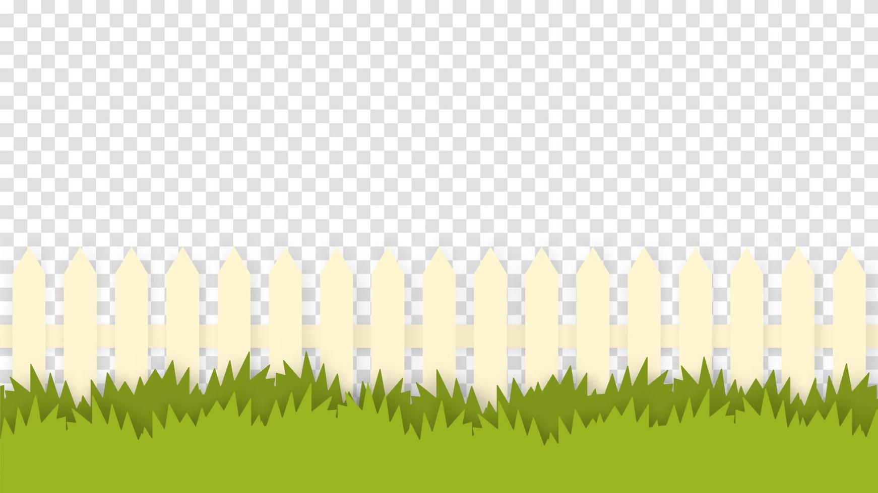 Rustic fence in green grass isolated template. White painted wooden picket fence drowned in dense bushes and weeds summer landscape cozy rural life vector