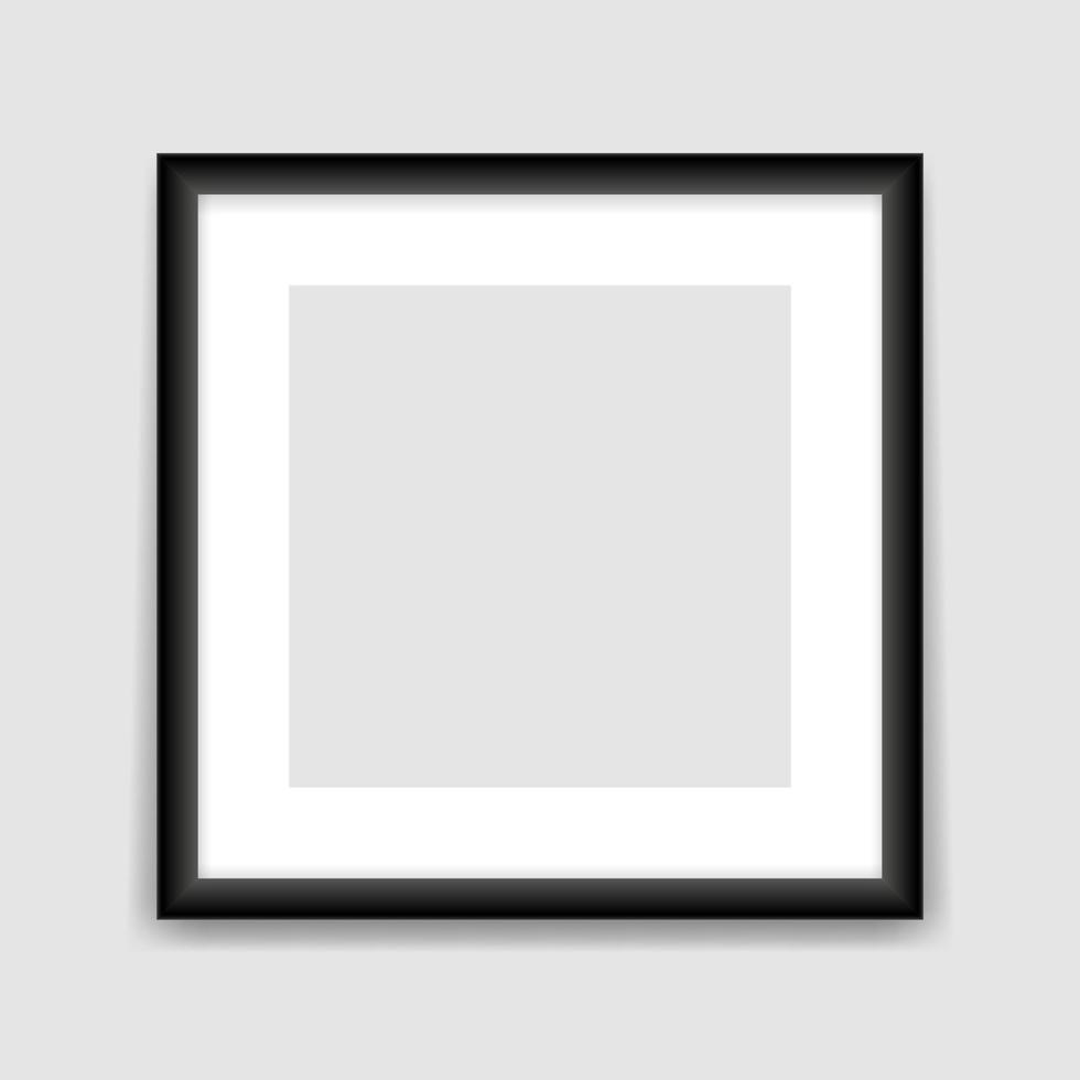 Square black photo frame template. Empty vertical banner with advertising gray center realistic design for picture and promotional vector image.