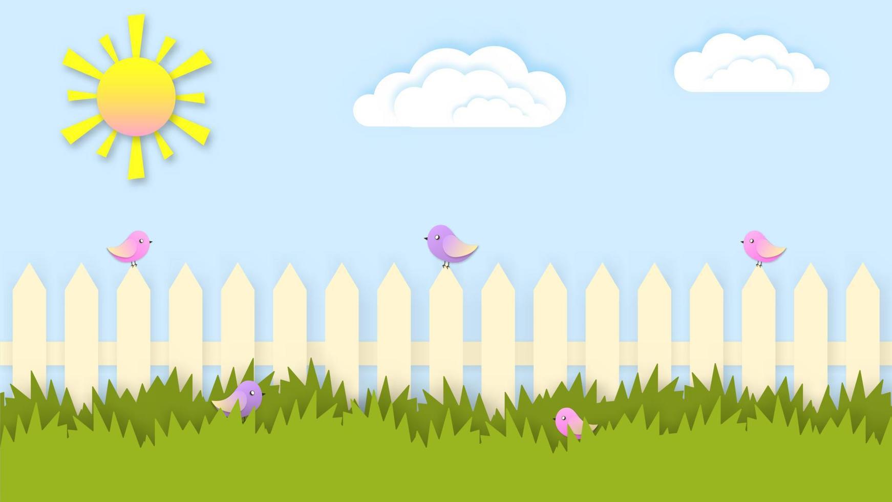 Rustic fence with birds and green grass illustration. Summer paper cut rural landscape with white picket fence and sparrows sitting and in bushes yellow gradient sun floating vector clouds.