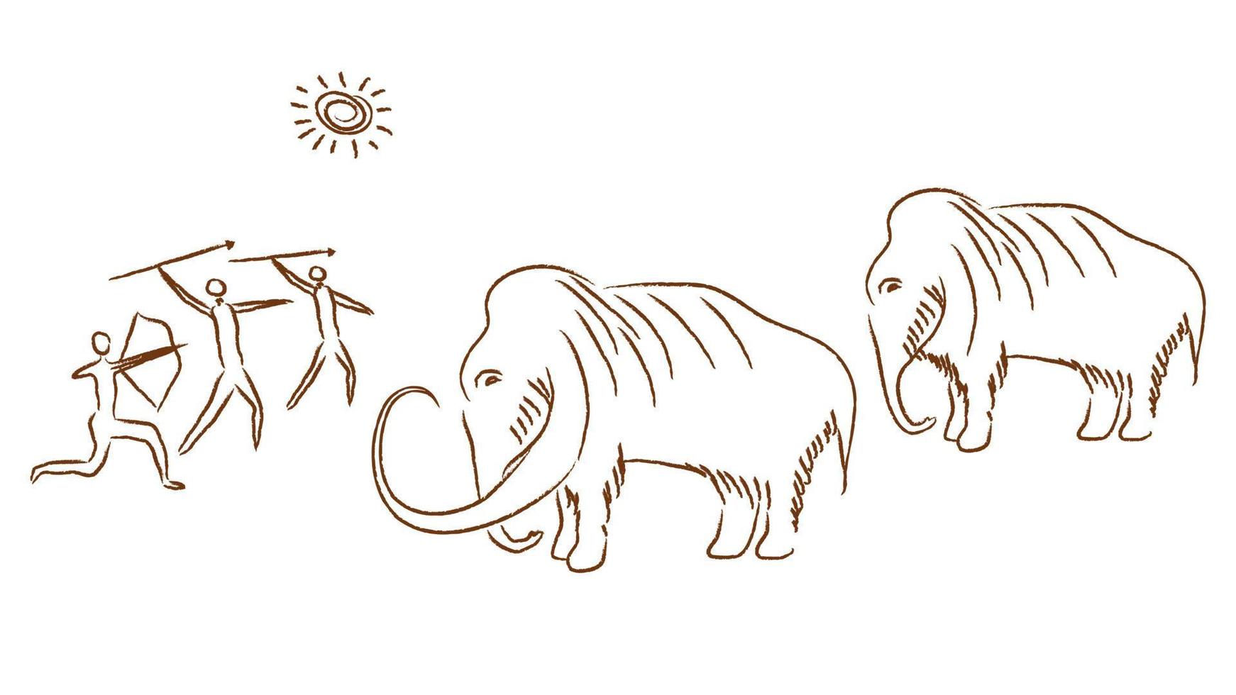 la gente primitiva caza ilustraciones de pinturas rupestres de mamut. primitivos cazadores de arcos y lanzas atacan a antiguos elefantes de lana a la luz del sol vectorial vector