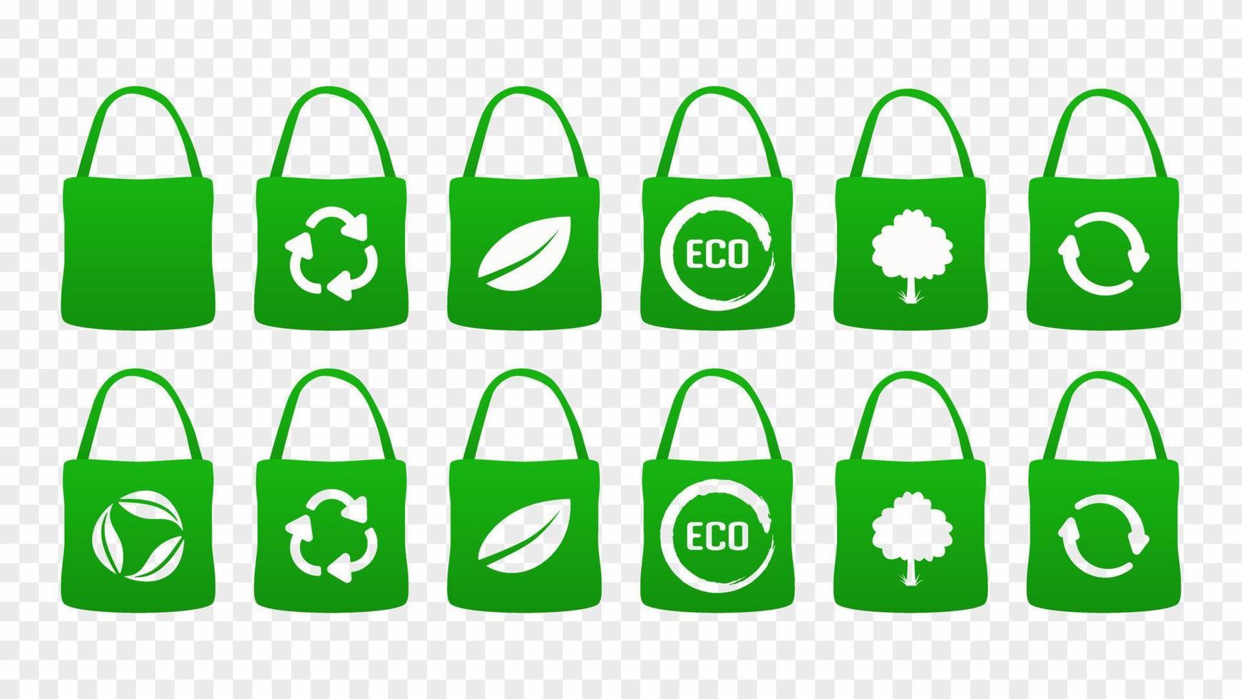 Eco organic bags. Green natural leaf package made from natural bio raw materials with decaying plastic reusable cycle use without environmental pollution convenient shopping trips ecology vector
