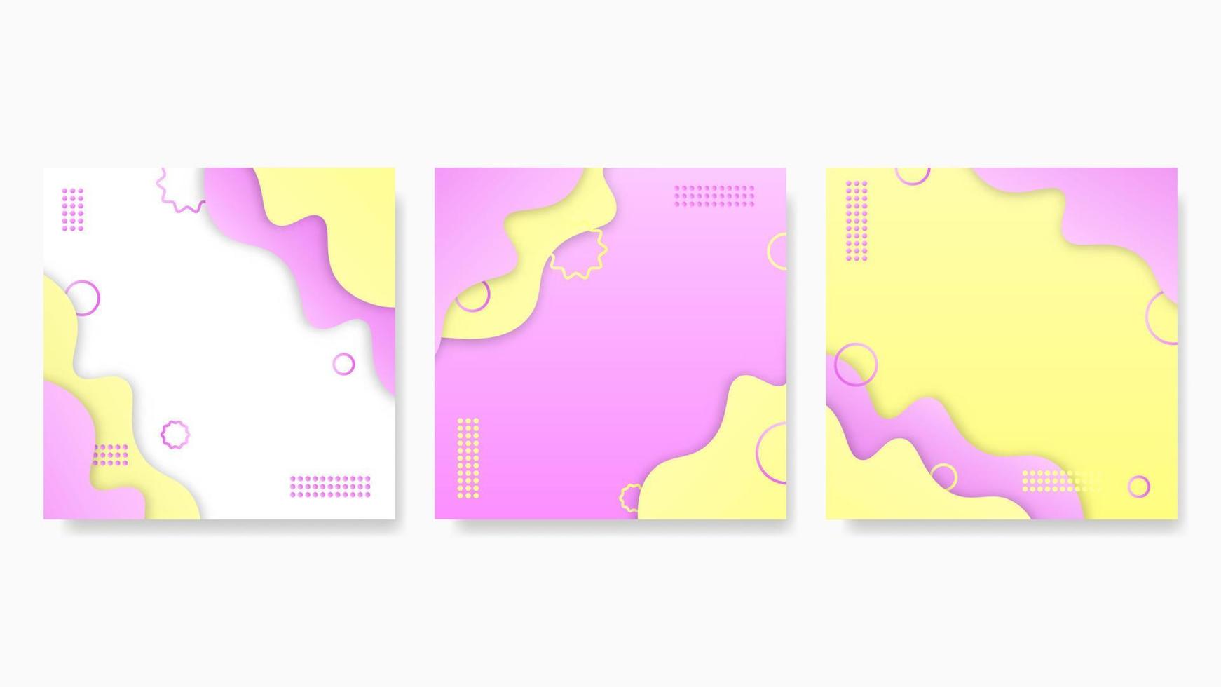 Abstract geometric background for social networks template. Pink wavy design with yellow memphis drips and mock circles vector dots