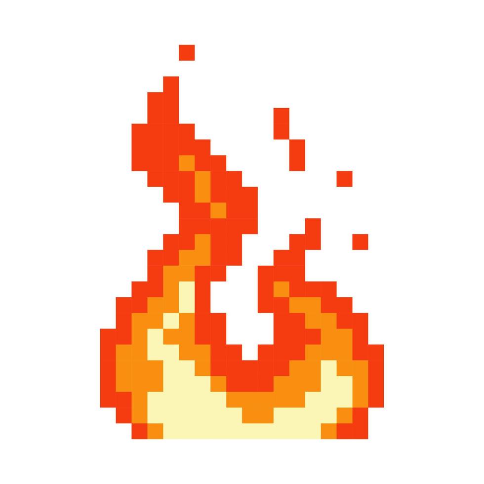 Burning pixelated bonfire with sparks. Red blazing fire with yellow glowing core. Explosion aftermath and cozy tourist vector bonfire