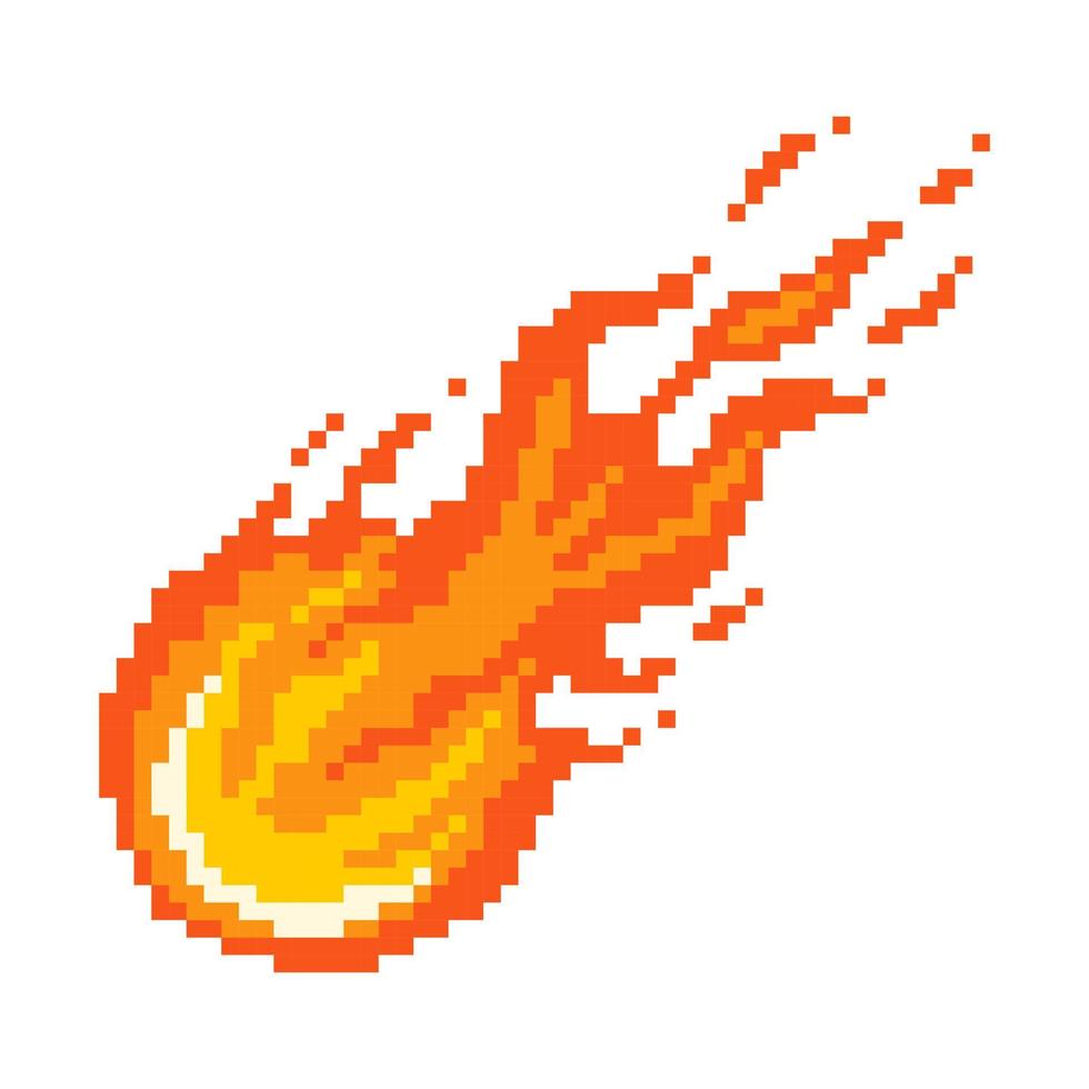 Falling fiery pixel comet. Flaming asteroid rushing towards planet burning fire with glowing yellow core red flame after powerful explosion with vector sparks