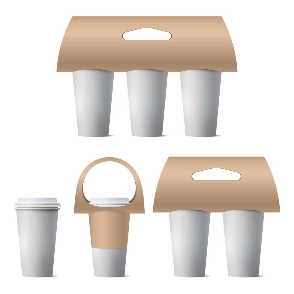 Coffee cup holder set mockup isolated on white background, vector illustration