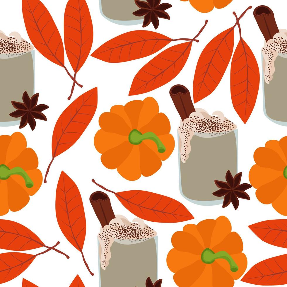 Pumpkin spices latte seamless pattern, glasses with a drink and autumn elements on a white background vector