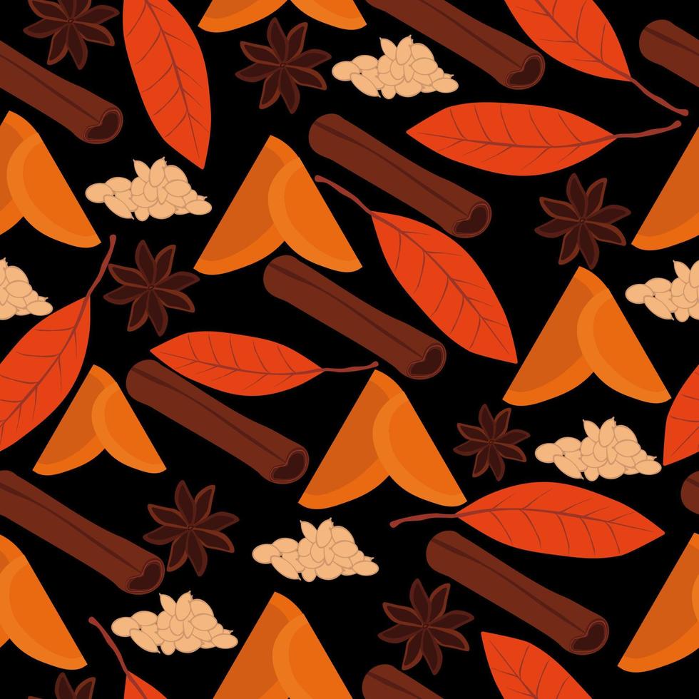rodajas de calabaza y especias patrón sin fisuras, ingredientes de otoño sobre fondo negro vector