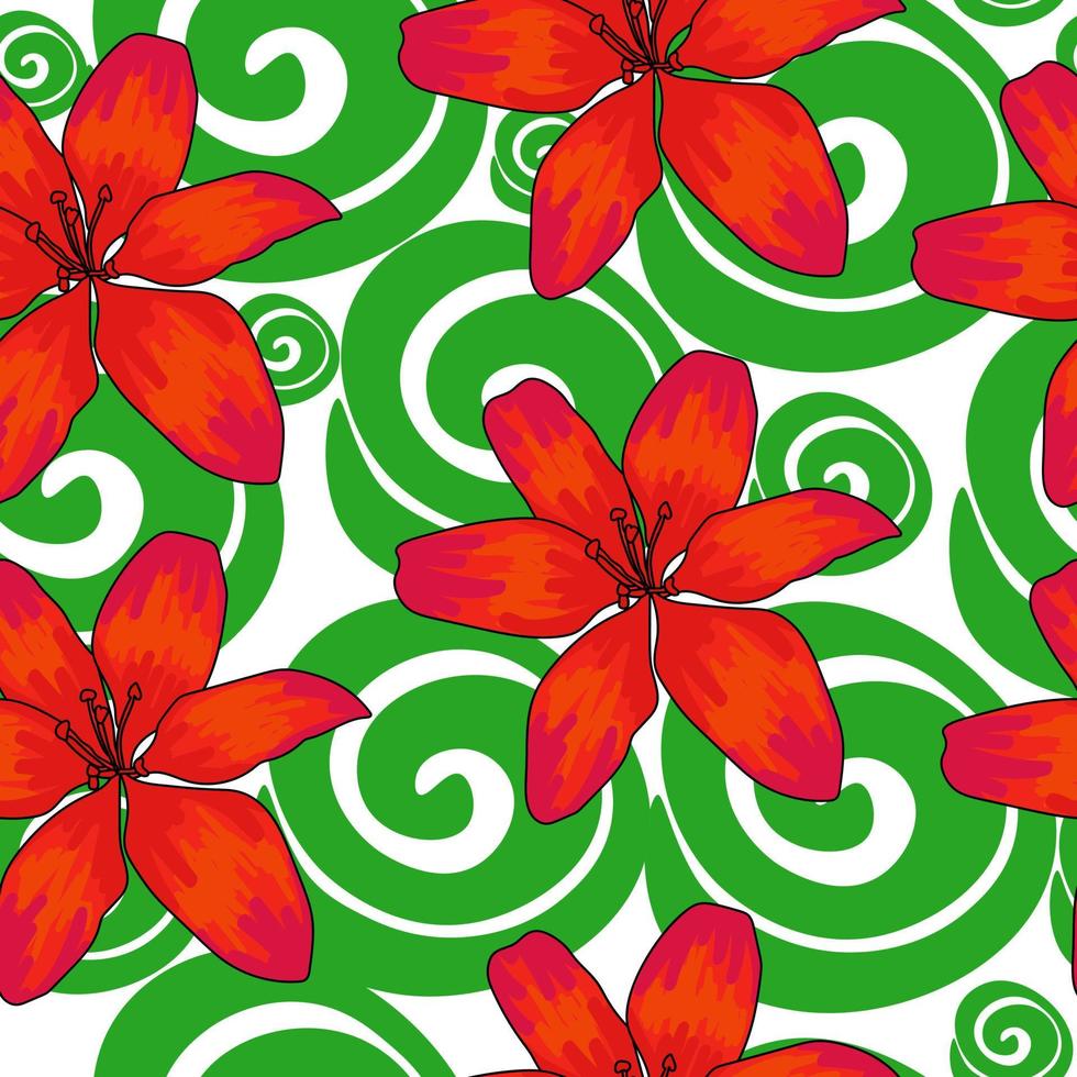 seamless pattern of red-orange flowers of lilies and green spirals on a white background vector