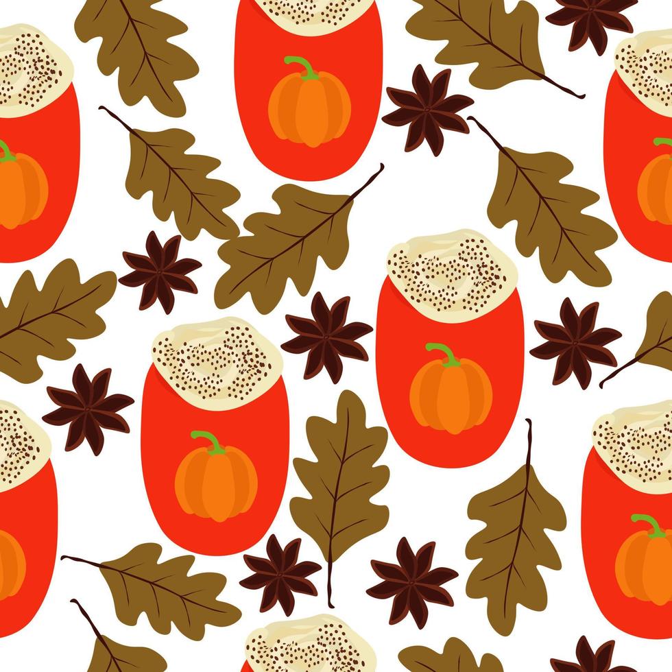 Pumpkin spices latte seamless pattern, bright cups with a drink and autumn elements on a white background vector