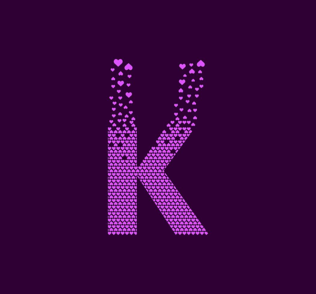 Heart letter K animated pixel dot logo. Capital letter pixel up. vector