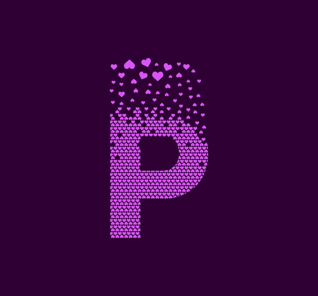 corazón letra p logotipo de punto de píxel animado. píxel de letra mayúscula hacia arriba. los corazones se llenan con la letra p. vector