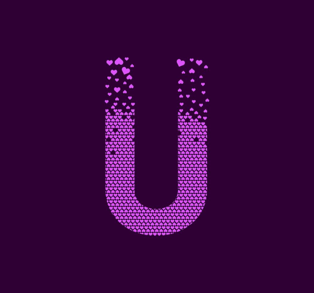 Heart letter U animated pixel dot logo. Capital letter pixel up. Hearts are filled with the letter U. vector