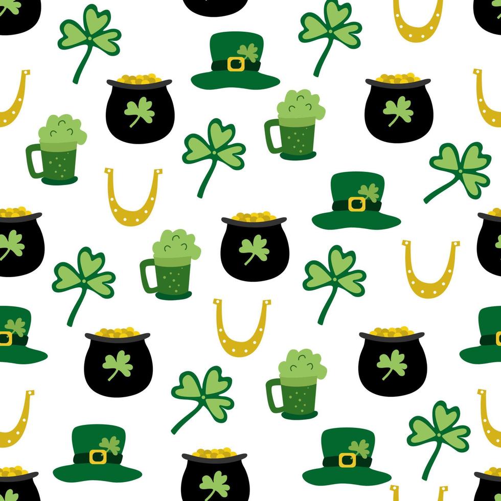 Seamless pattern with golden horseshoe, pots of gold, leprechaun hats and leaves of clover for St. Patrick's Day on white background. Vector illustration, flat design.