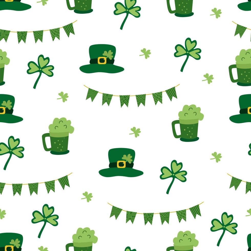 Seamless pattern with green garlands, leprechaun hats, leaves of clover, green beer for St. Patrick's Day on white background. Vector illustration, flat design