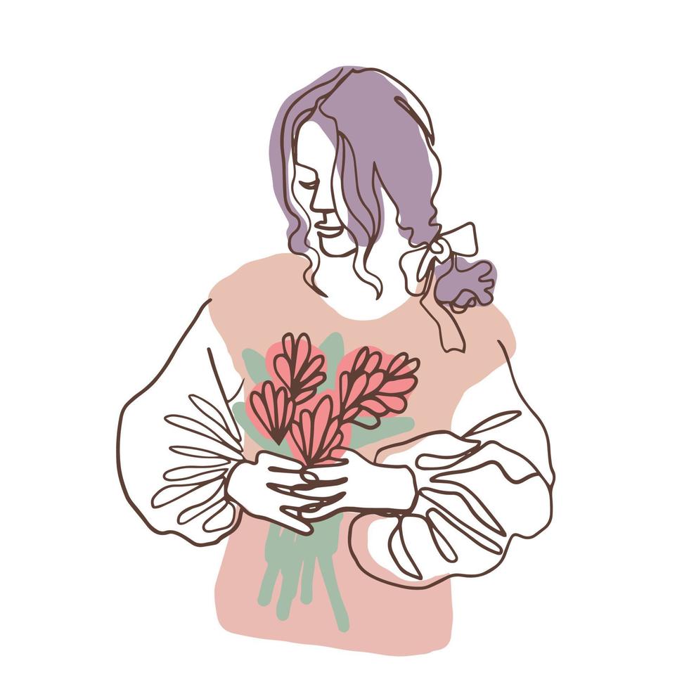 mujer con ramo de flores. concepto de resorte, ilustración de vector dibujado a mano de una línea