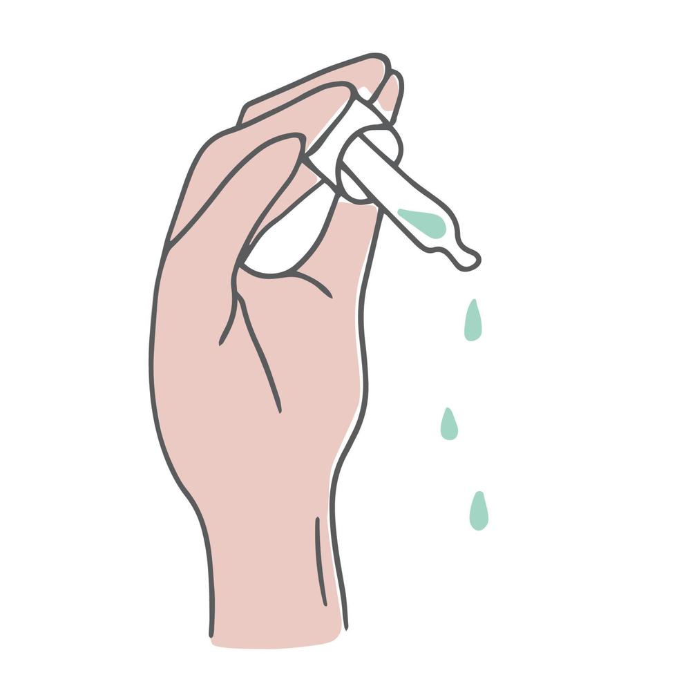 Hand holding medical dropper. Pipette with medicine or cosmetic product. Hand drawn vector illustration