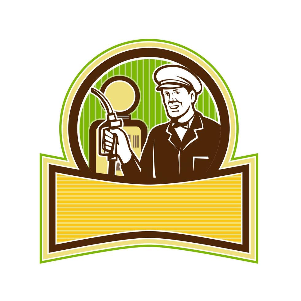 vintage gas attendant holding gas nozzle vector