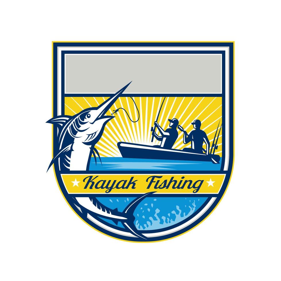 Insignia de marlin azul de pesca en kayak vector