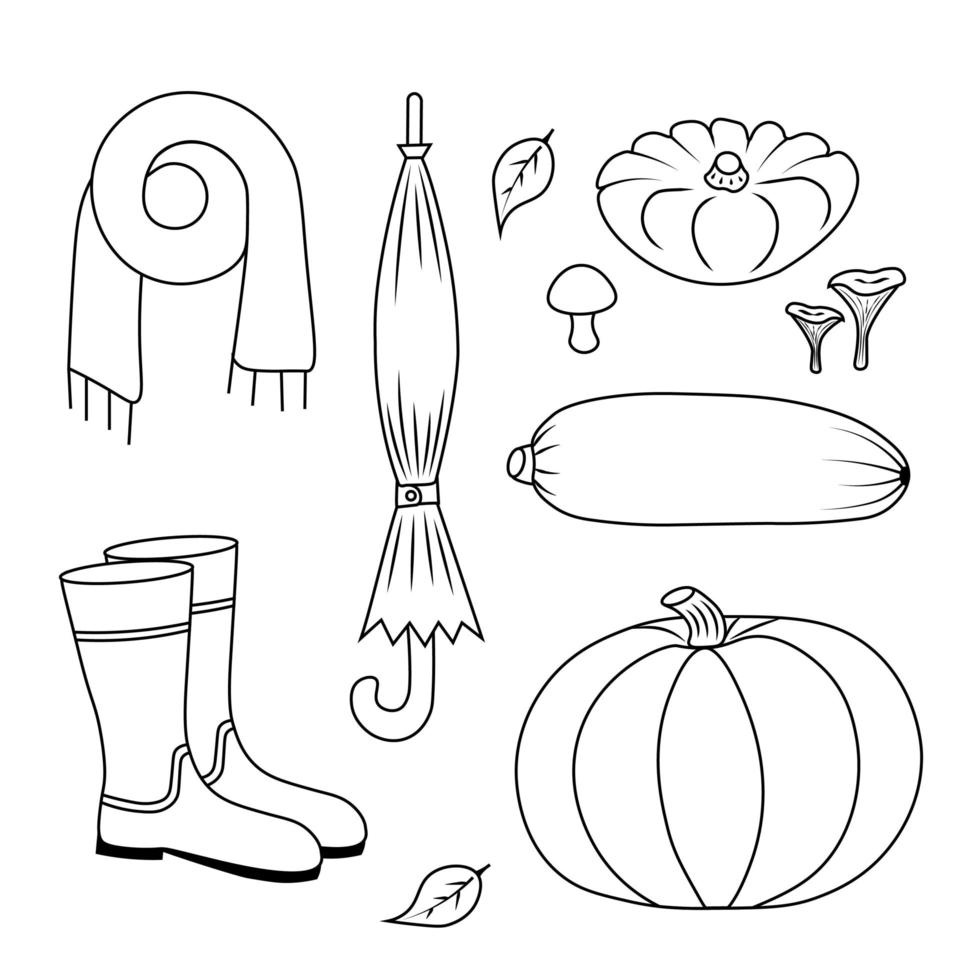 pumpkin, zucchini, squash, mushrooms, umbrella, scarf, boots, harvesting set. Doodle illustration for printing, greeting cards, posters, stickers, textile and seasonal design. vector