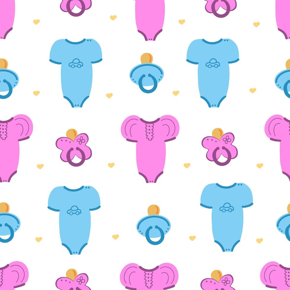 Baby clothes, bodysuits, girl or boy seamless pattern. Illustration for printing, backgrounds, covers, packaging, greeting cards, posters, stickers, textile and seasonal design. vector