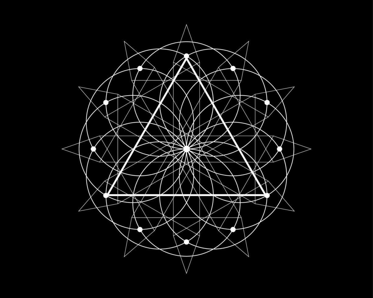 Sacred Geometry magic triangle symbol, third Eye sign. Geometric mystic mandala of alchemy esoteric Flower of Life. White line art vector circle divine meditative amulet isolated on black background