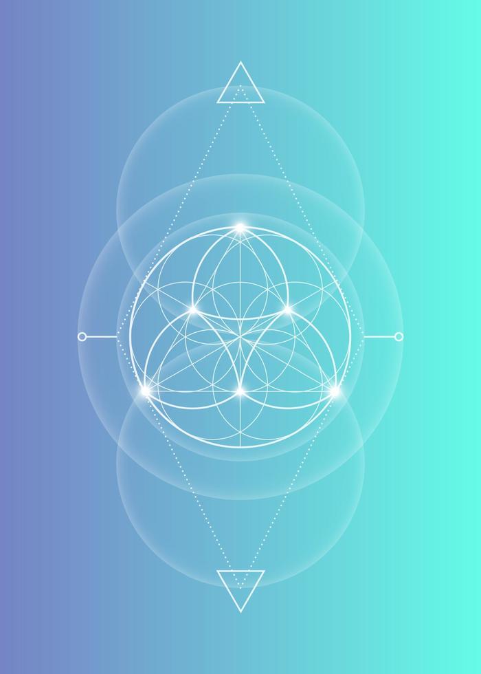 geometría sagrada, flor de la vida, mandala de flor de loto. símbolo de logotipo blanco de armonía y equilibrio, adorno geométrico brillante, relajación de yoga, vector aislado en fondo de gradiente azul