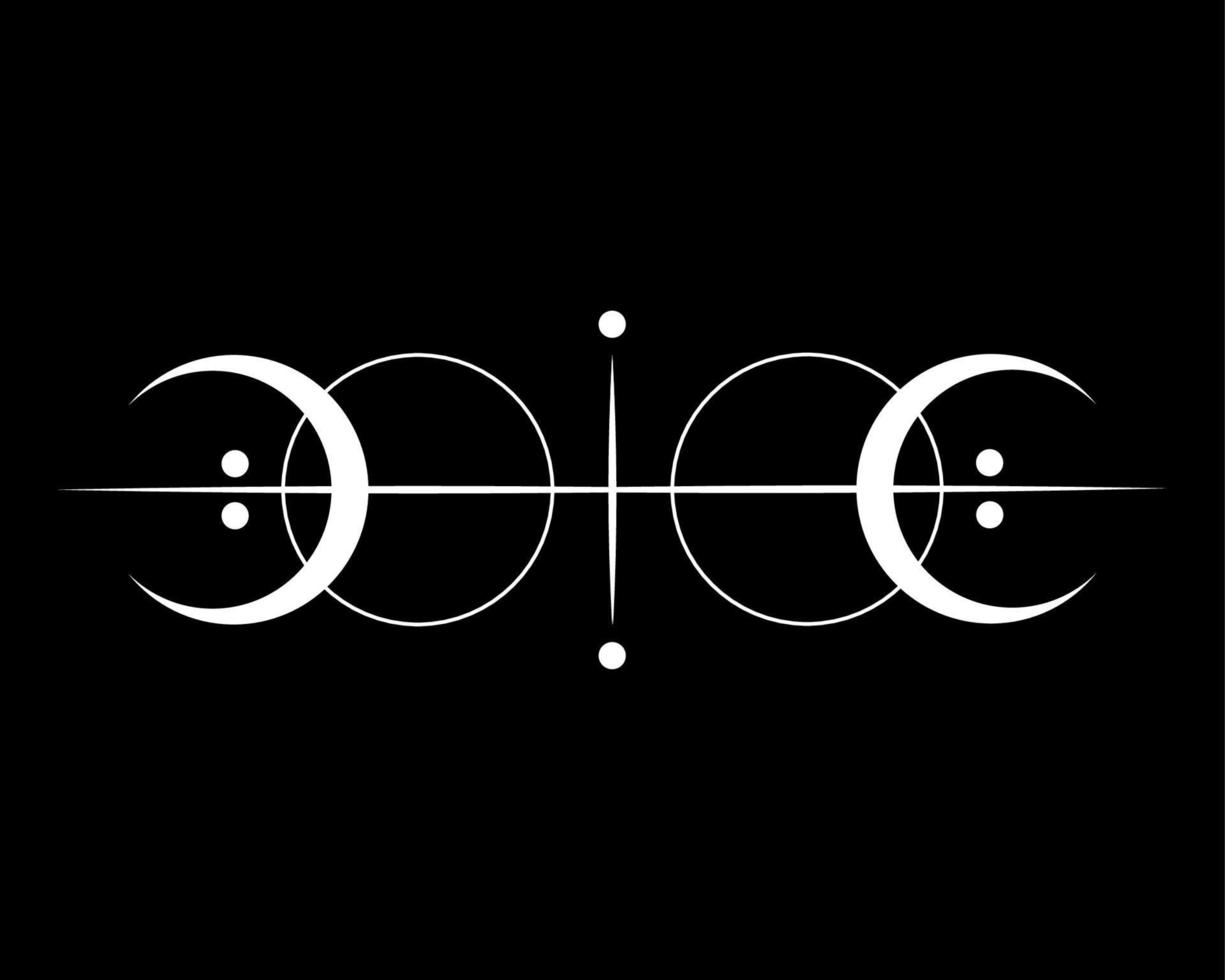 geometría sagrada, logotipo de tatuaje blanco con sol, luna creciente, fase lunar esotérica de alquimia, talismán celestial mágico místico. Ilustración de vector de objeto de ocultismo espiritual aislado sobre fondo negro