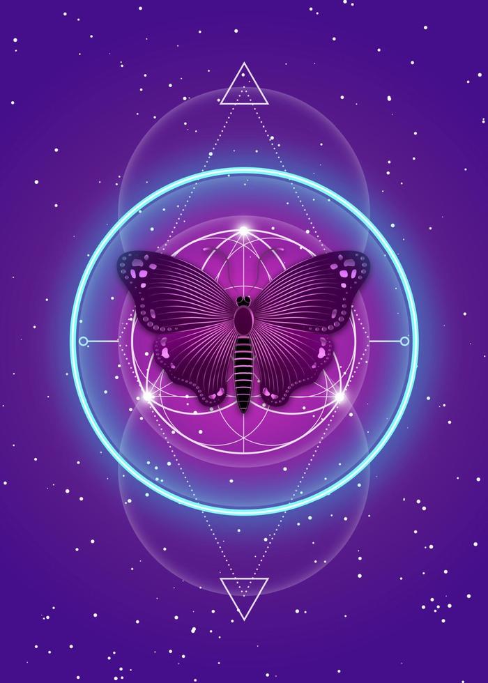 mariposa sobre mandala, geometría sagrada, símbolo de logotipo de armonía y equilibrio, neón psicodélico brillante. ornamento geométrico colorido, relajación de yoga, espiritualidad, fondo degradado púrpura vectorial vector
