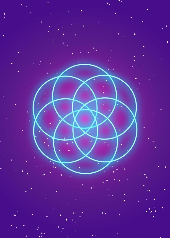 Seed Flower of life lotus icon, yantra mandala sacred geometry, Glowing Psychedelic neon symbol of harmony and balance. Futuristic Mystical talisman isolated on starry purple background vector