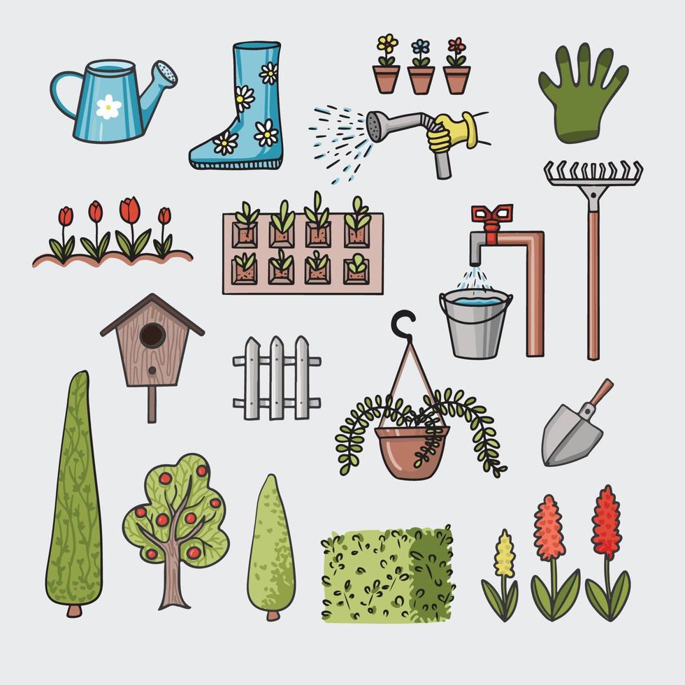 colección de ilustraciones vectoriales de jardín, plántulas de riego, árboles, arbustos vector