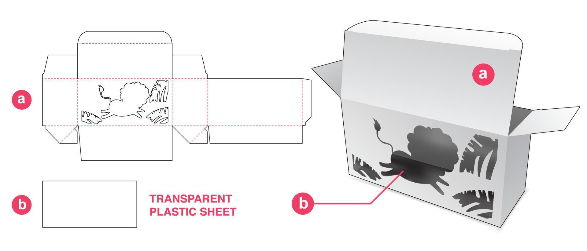 caja con león en la ventana de la jungla y plantilla troquelada de lámina de plástico transparente vector