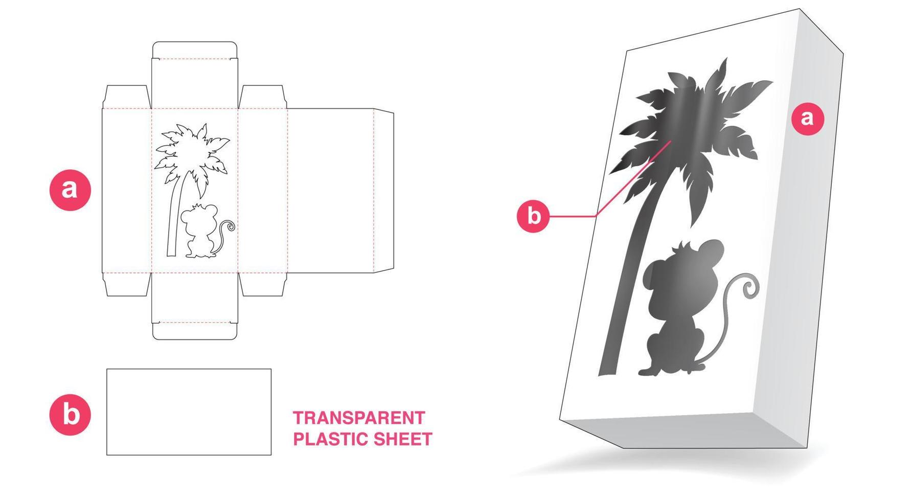 caja con ventana de mono y palma y plantilla troquelada de lámina de plástico transparente vector