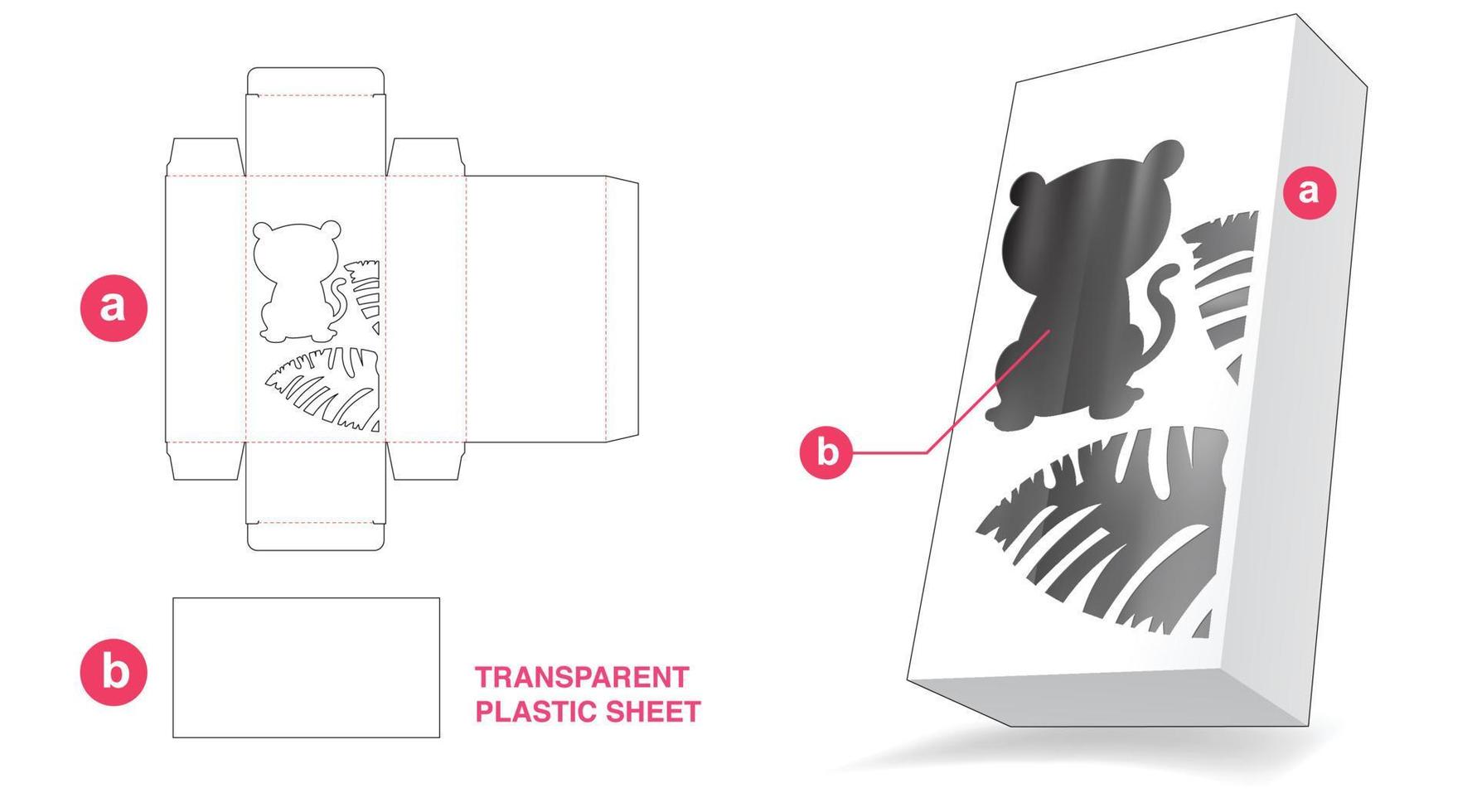 caja con tigre en la ventana de la jungla y plantilla troquelada de lámina de plástico transparente vector