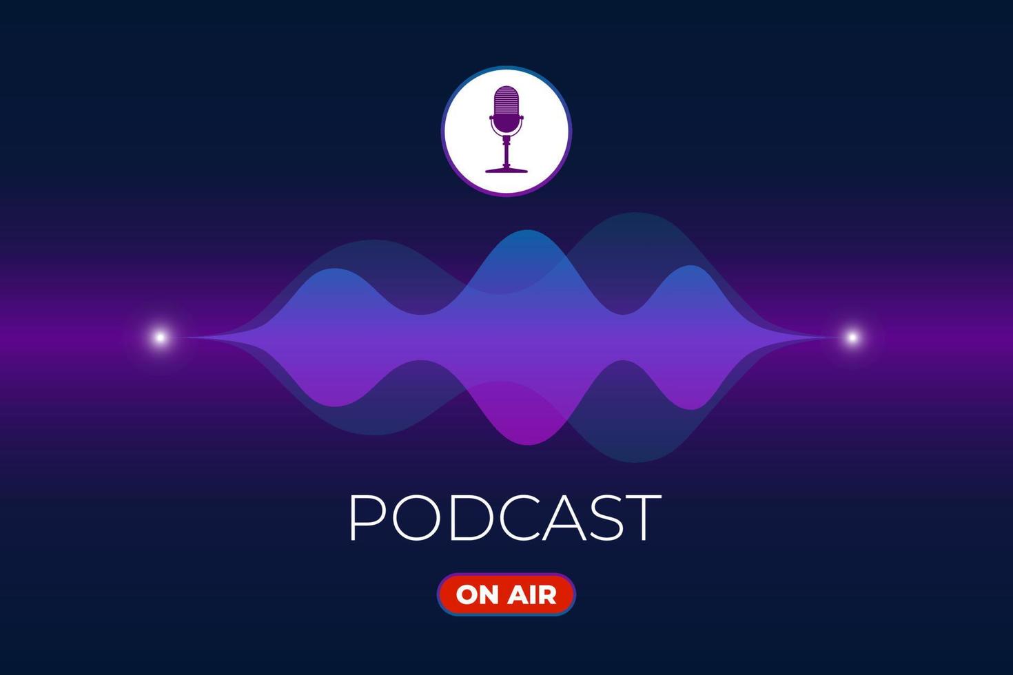On air live streaming broadcast poster concept. Radio podcasting and broadcasting studio banner design. Microphone button and podcast inscription on equalizer sound wave. Vector eps illustration