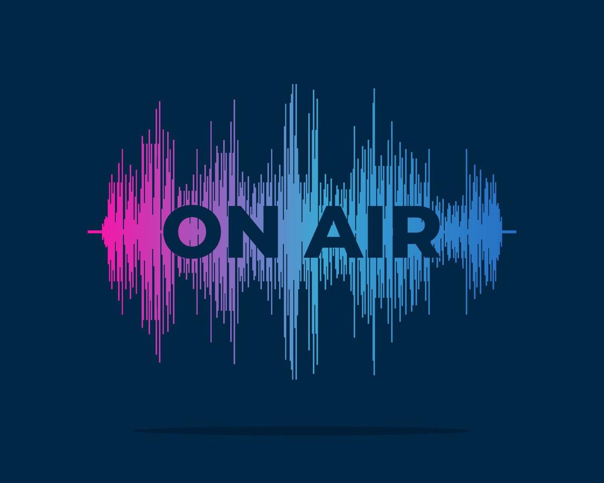 On air live streaming broadcast advertising banner concept. Radio podcasting and broadcasting studio poster design. Podcast inscription on equalizer sound wave. Vector eps illustration