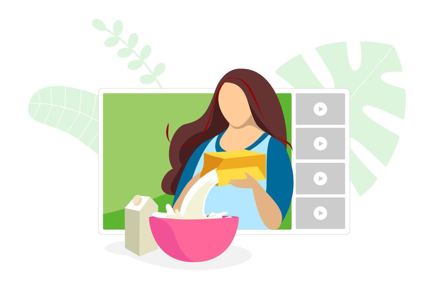 video blogger haciendo contenido de comida de cocina. tutorial de transmisión en vivo de panadería casera. mujer cocinera preparando comida en la cocina concepto de transmisión en línea. canal de vlogger de transmisión de influencer culinario. vector