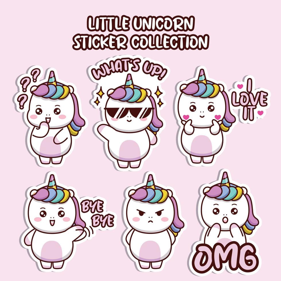 Set of social media emoticon cute little unicorn sticker collection animal emoji vector