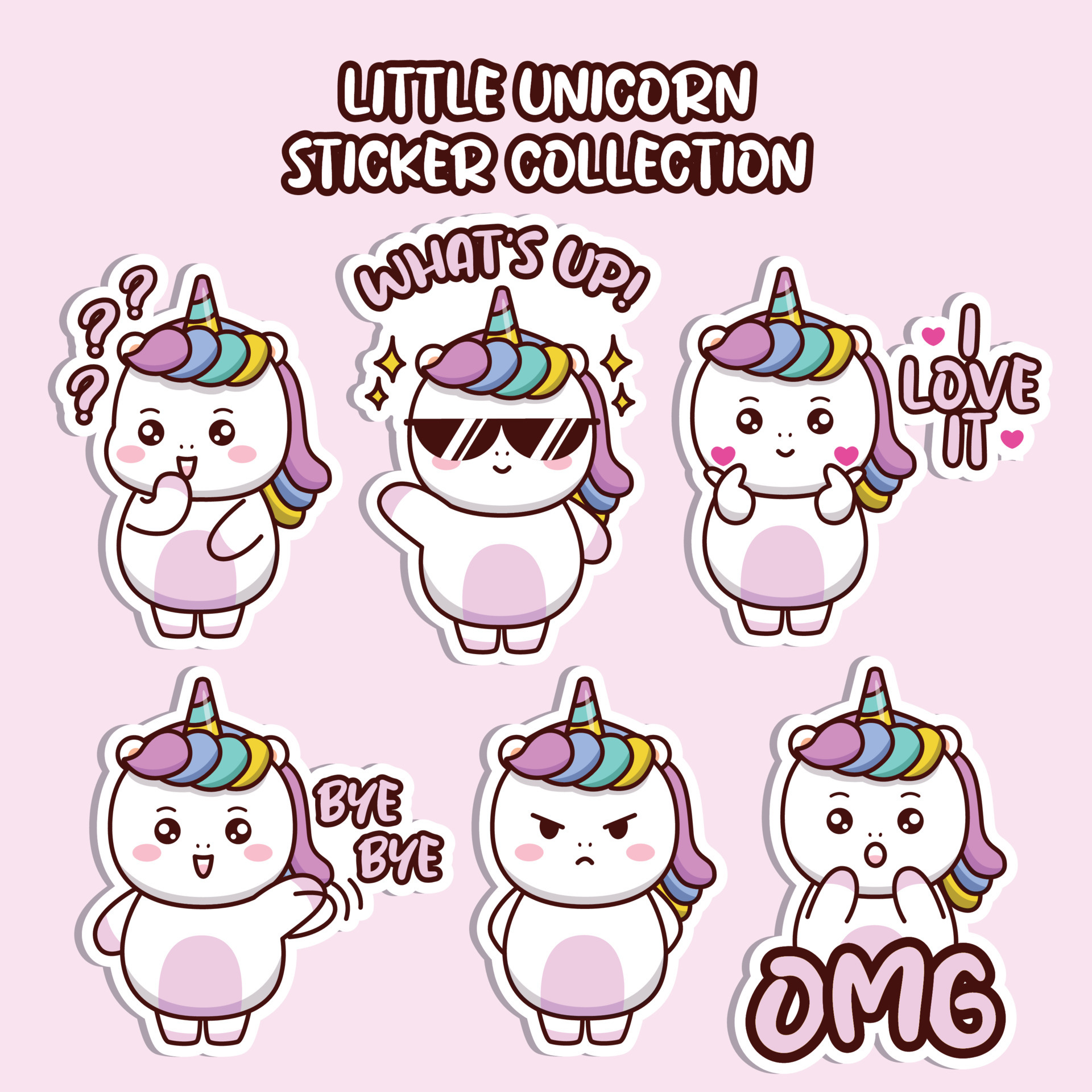 Set of social media emoticon cute little unicorn sticker ...