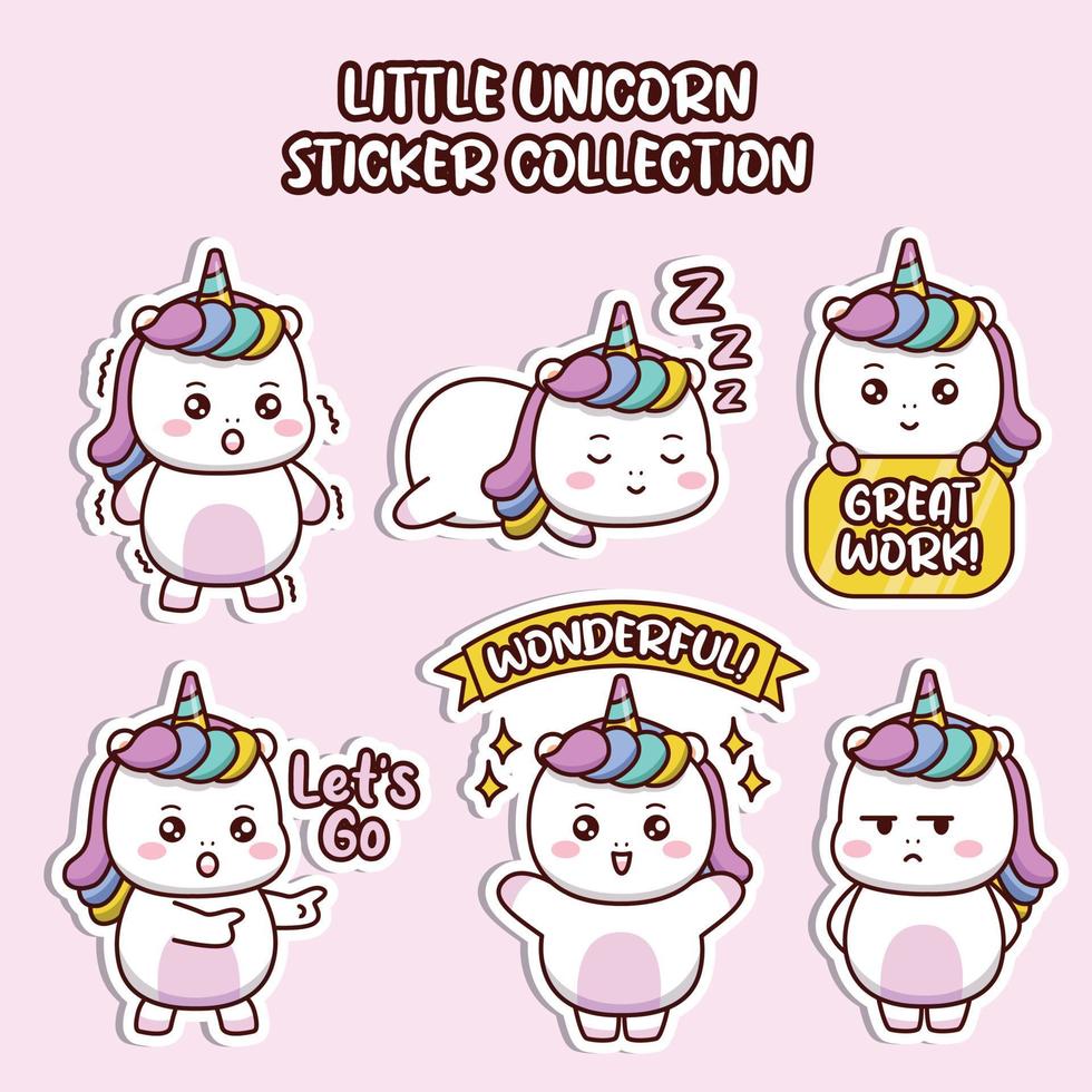 Set of social media emoticon cute little unicorn sticker collection animal emoji vector