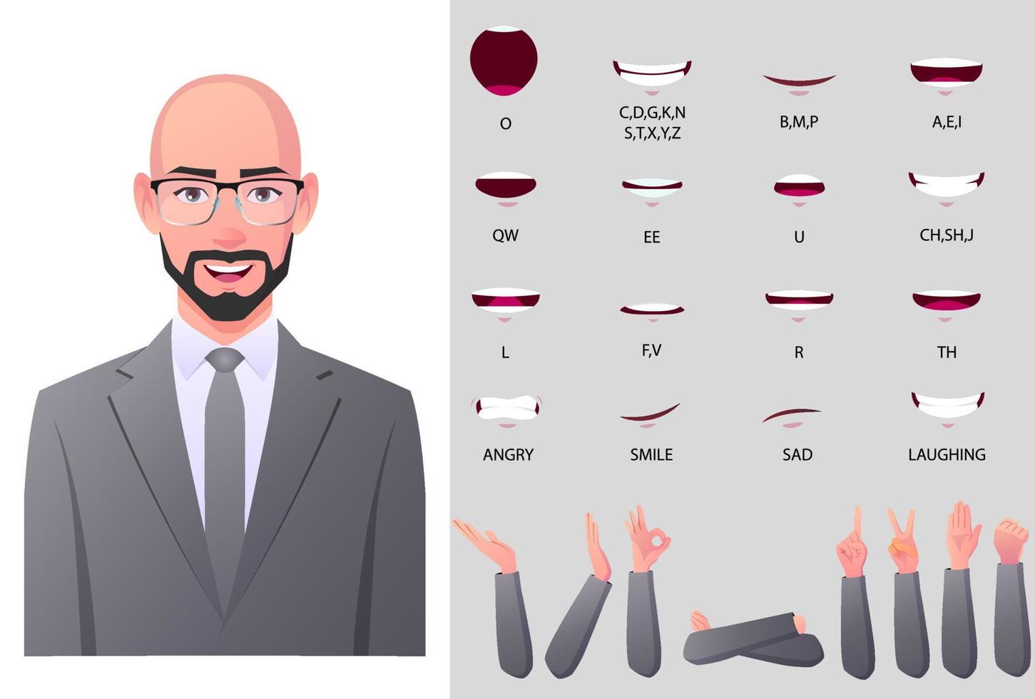 Middle-age Businessman Character Face Animation And Mouth Animation With Different Gesture Sets. vector