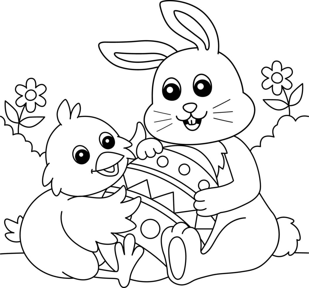 Rabbit And Chick Hugging An Easter Egg Coloring vector