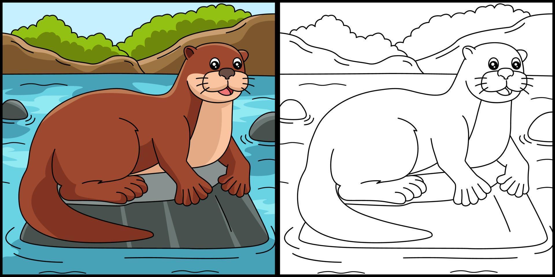 River Otter Coloring Page Colored Illustration vector