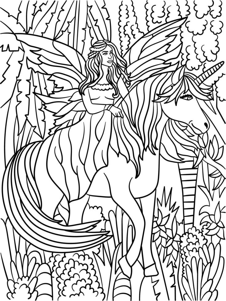 Fairy Riding Unicorn Coloring Page for Adults vector