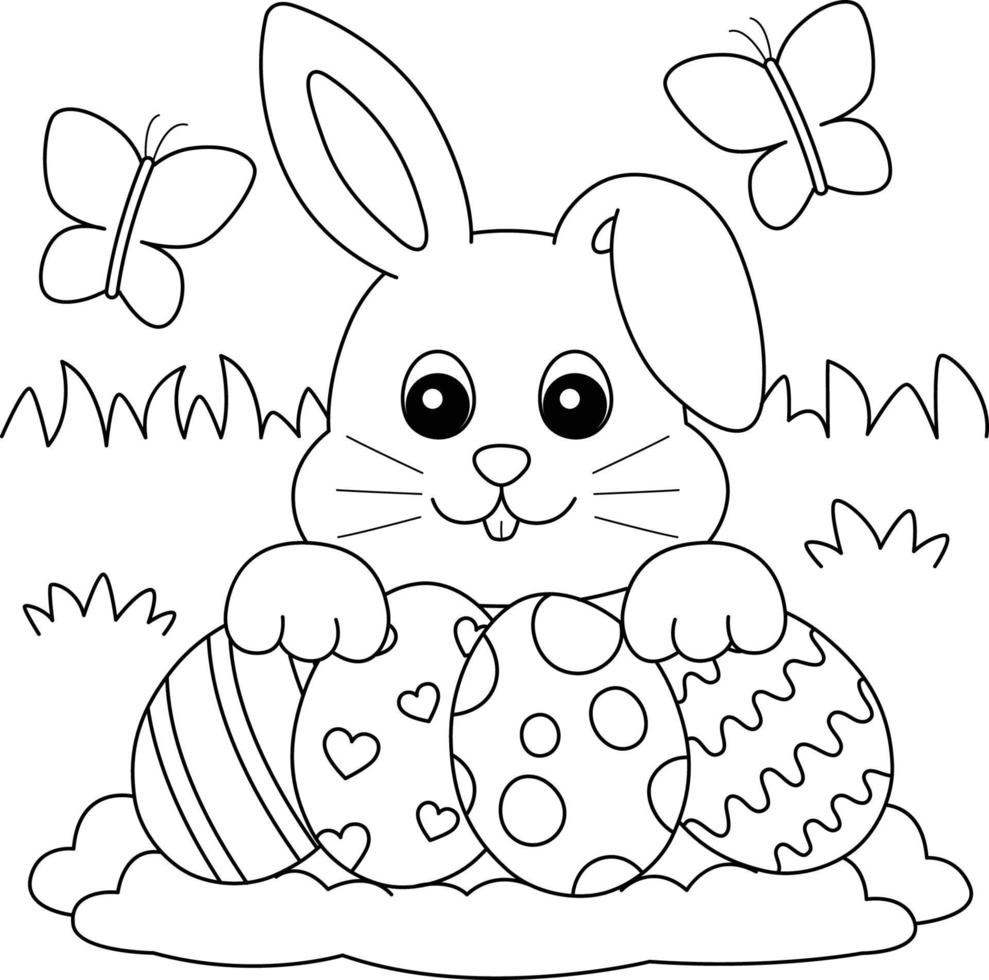 conejo recogiendo huevos de pascua para colorear página vector