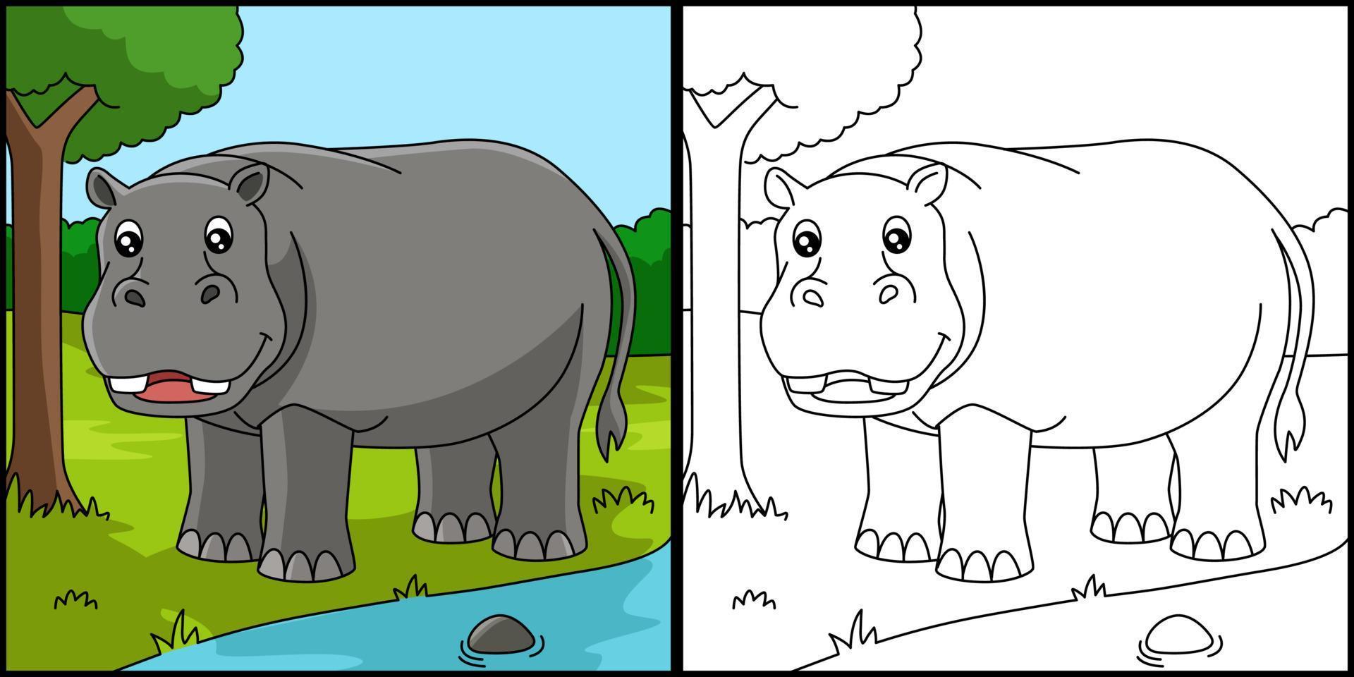 Hippo Coloring Page Colored Illustration vector